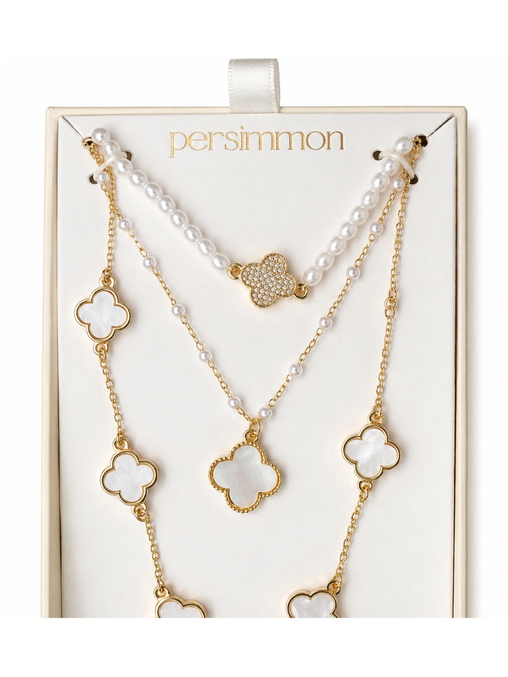 Persimmon Gold Clover 18kt Plated Necklace with White Mother-of-Pearl accents.